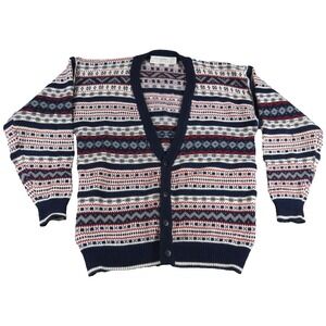 VTG Expressions‎ Worldwide Cardigan Sweater Men L Fair Isle Knit Geometric Guam